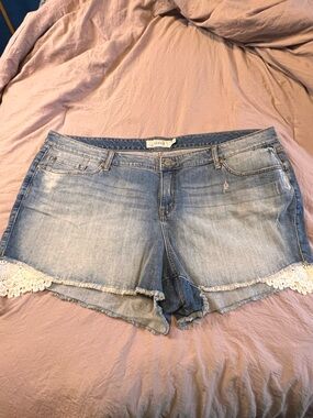 Torrid | Blue Denim Shorts with White Lace Side Accent | Size 26